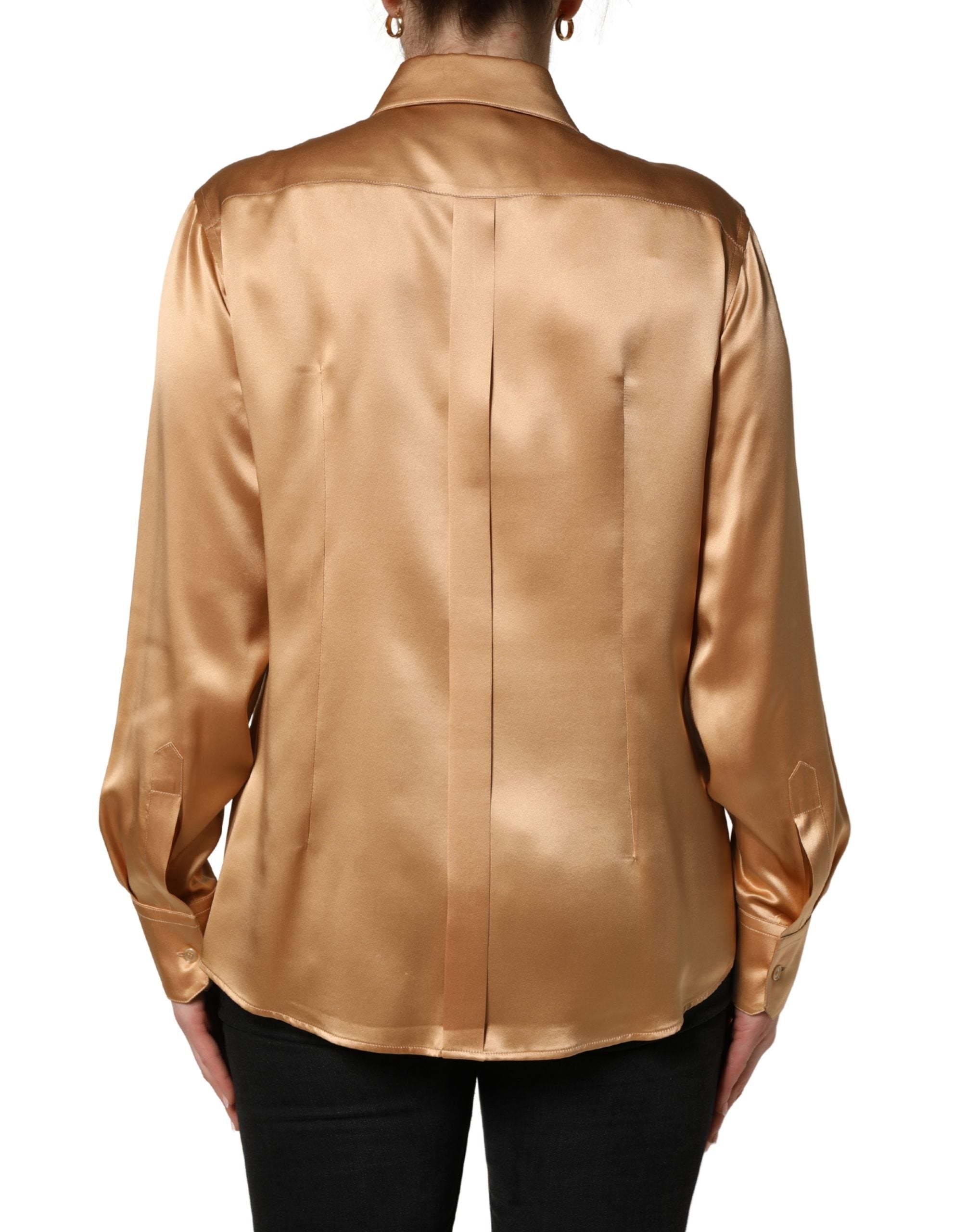 Gold Tone SatinFinish Silk Collared Shirt Top