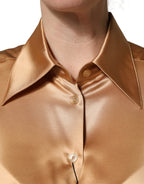 Gold Tone SatinFinish Silk Collared Shirt Top