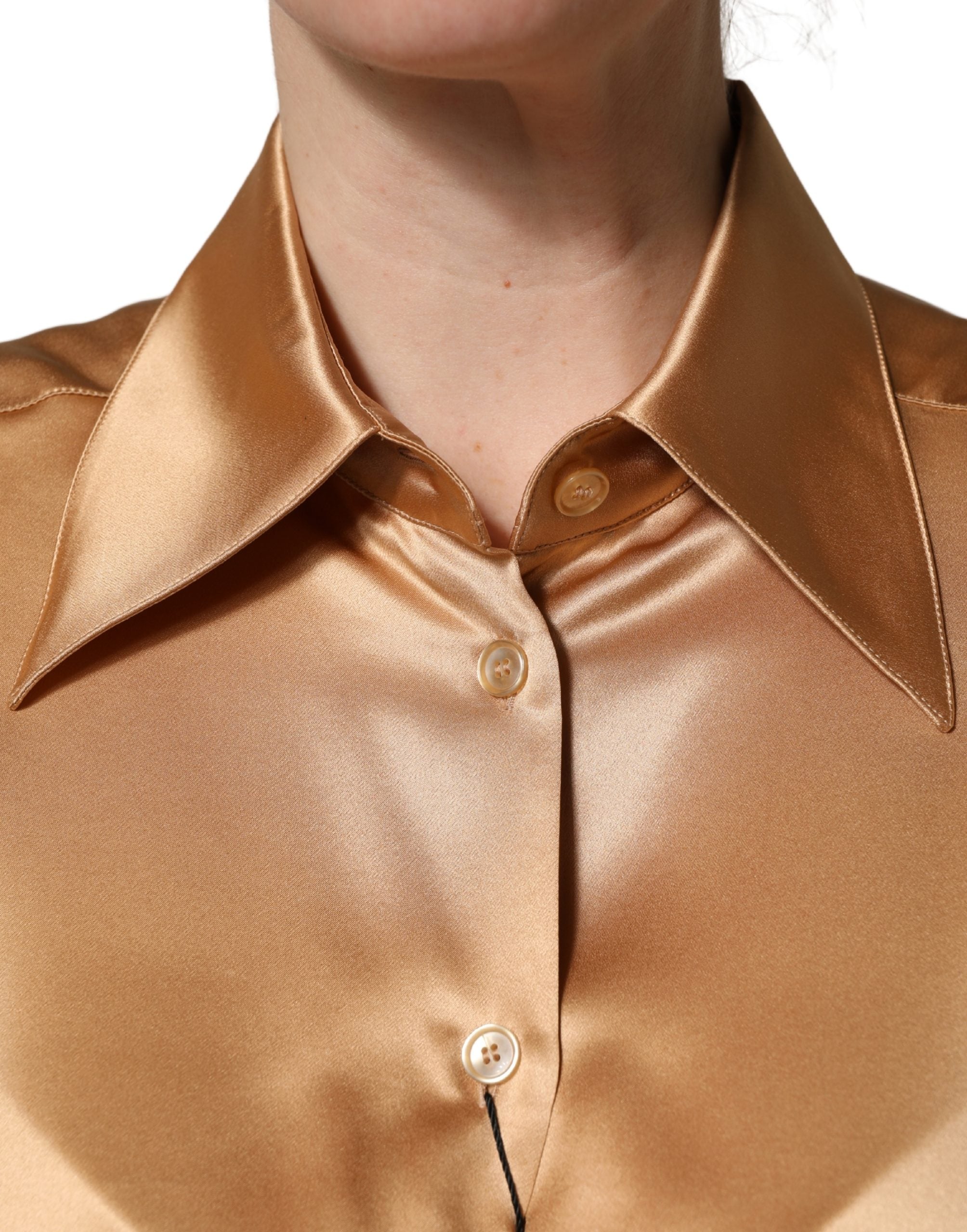 Gold Tone SatinFinish Silk Collared Shirt Top
