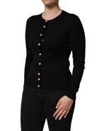 Black Wool Knitted Button Front Cardigan Sweater