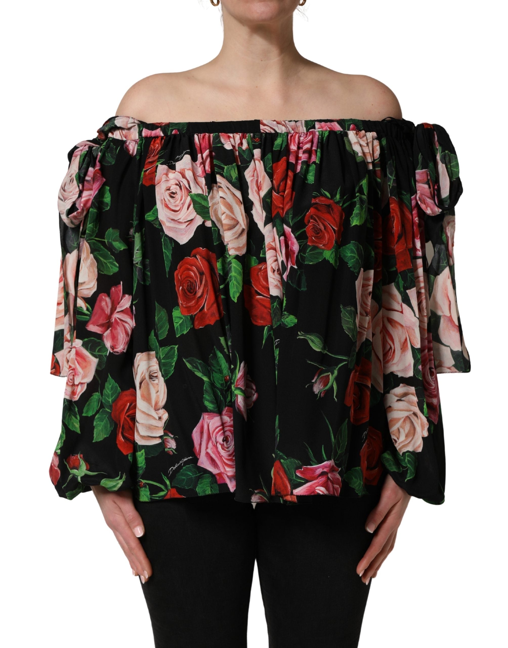 Black Rose Print Silk Off The Shoulder Blouse Top