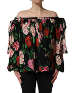 Black Rose Print Silk Off The Shoulder Blouse Top