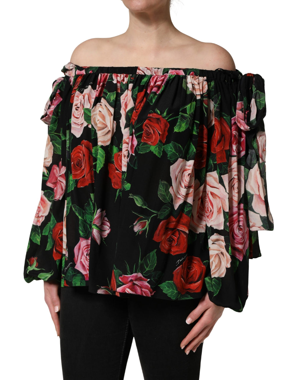 Black Rose Print Silk Off The Shoulder Blouse Top