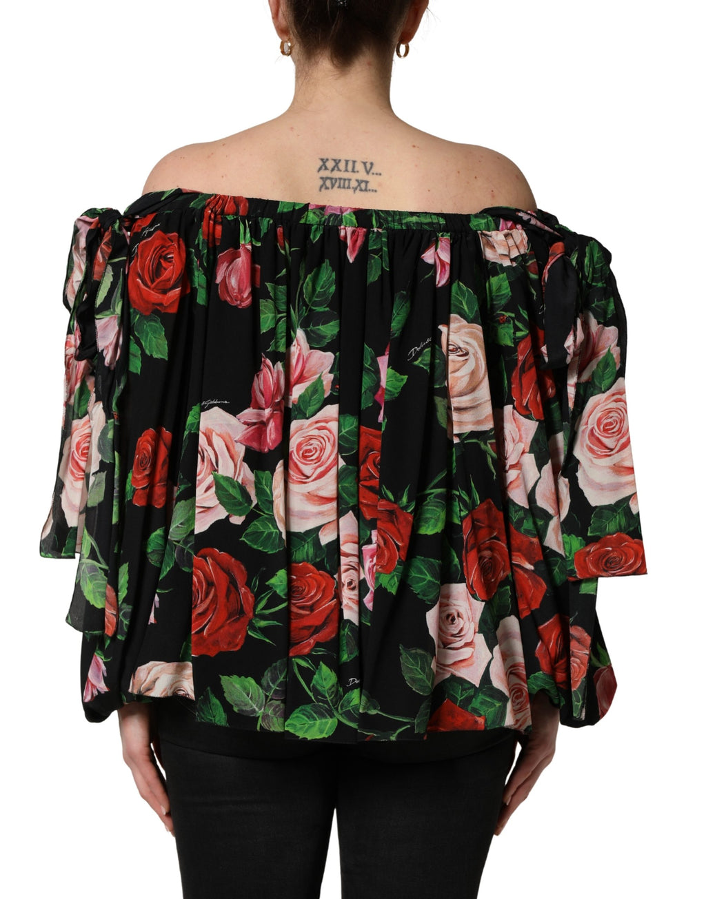 Black Rose Print Silk Off The Shoulder Blouse Top