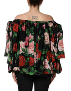 Black Rose Print Silk Off The Shoulder Blouse Top