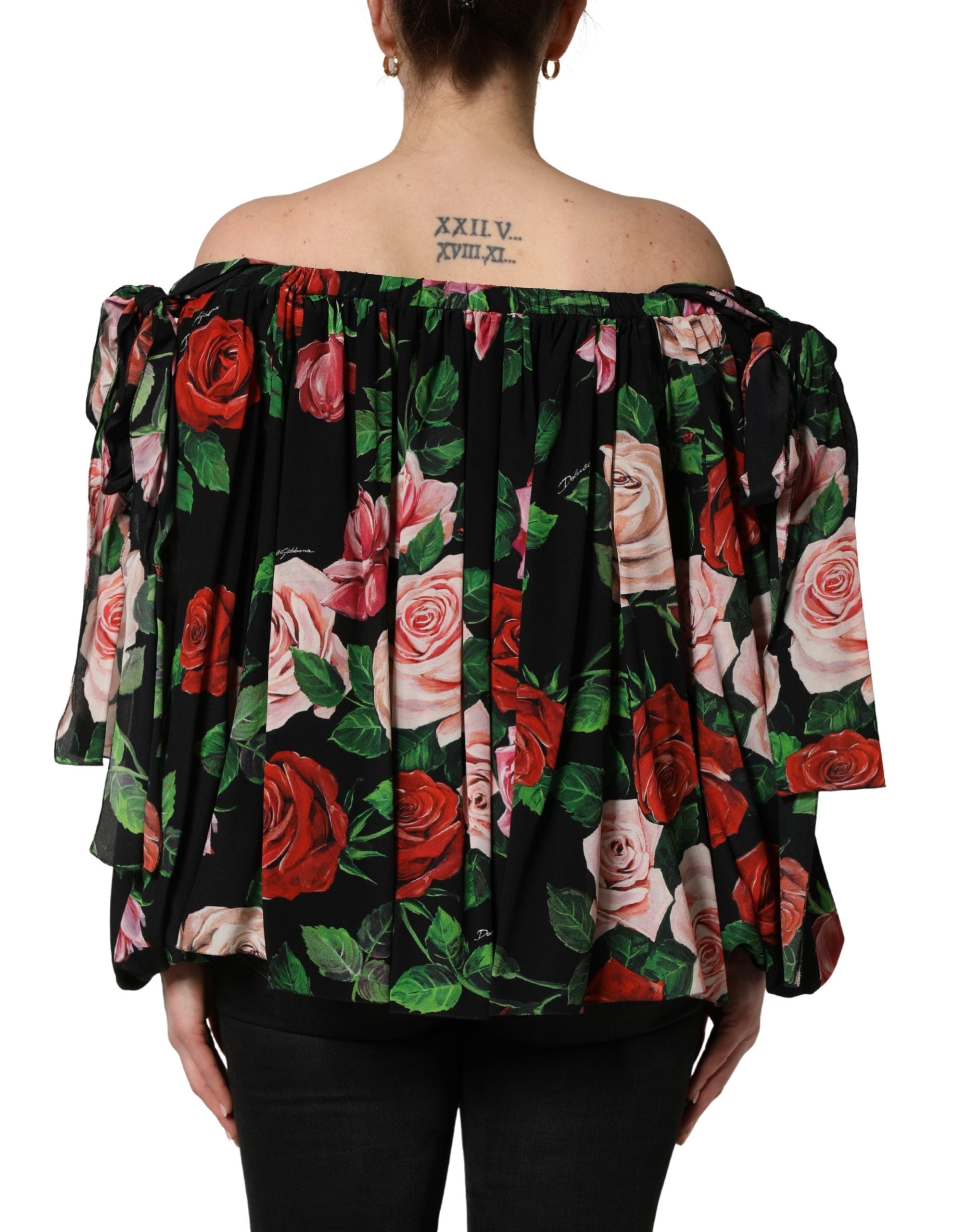 Black Rose Print Silk Off The Shoulder Blouse Top