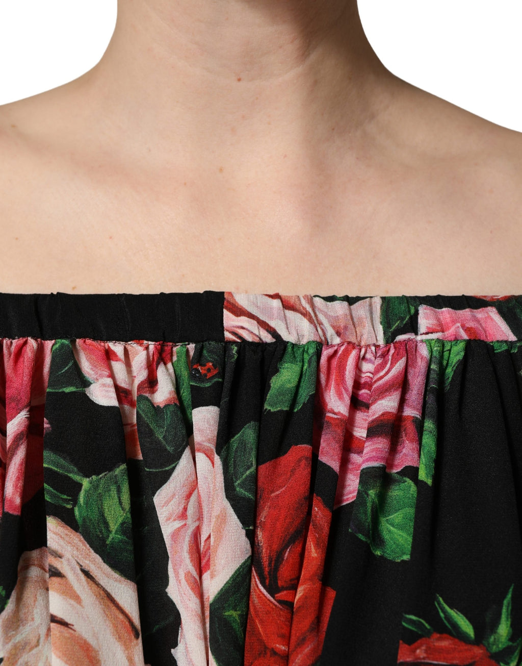 Black Rose Print Silk Off The Shoulder Blouse Top