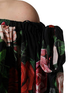 Black Rose Print Silk Off The Shoulder Blouse Top