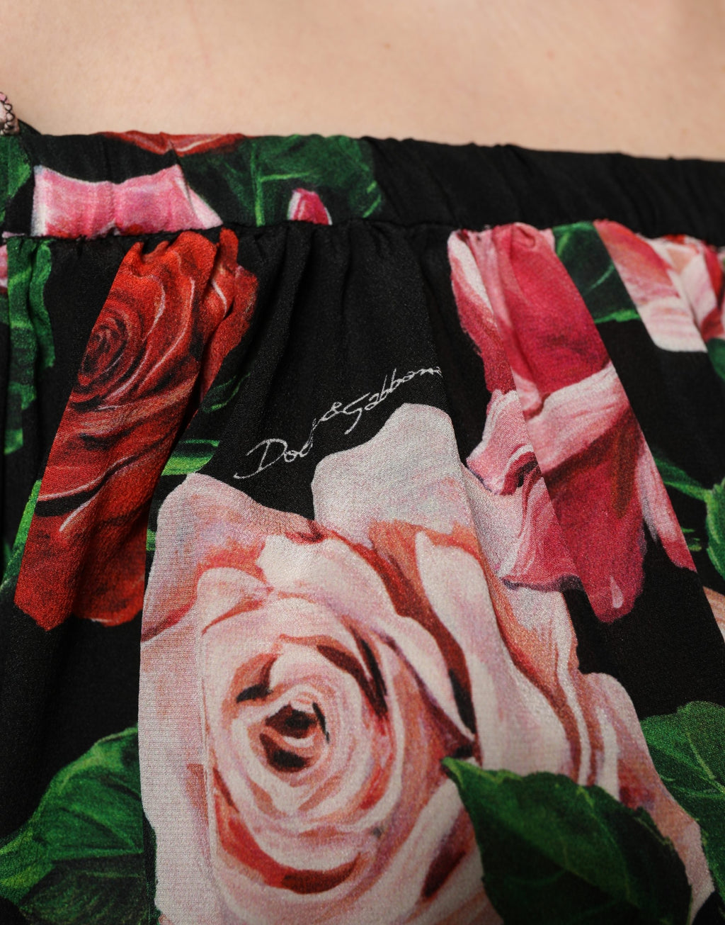 Black Rose Print Silk Off The Shoulder Blouse Top