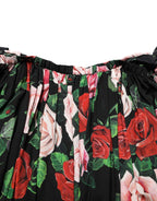 Black Rose Print Silk Off The Shoulder Blouse Top