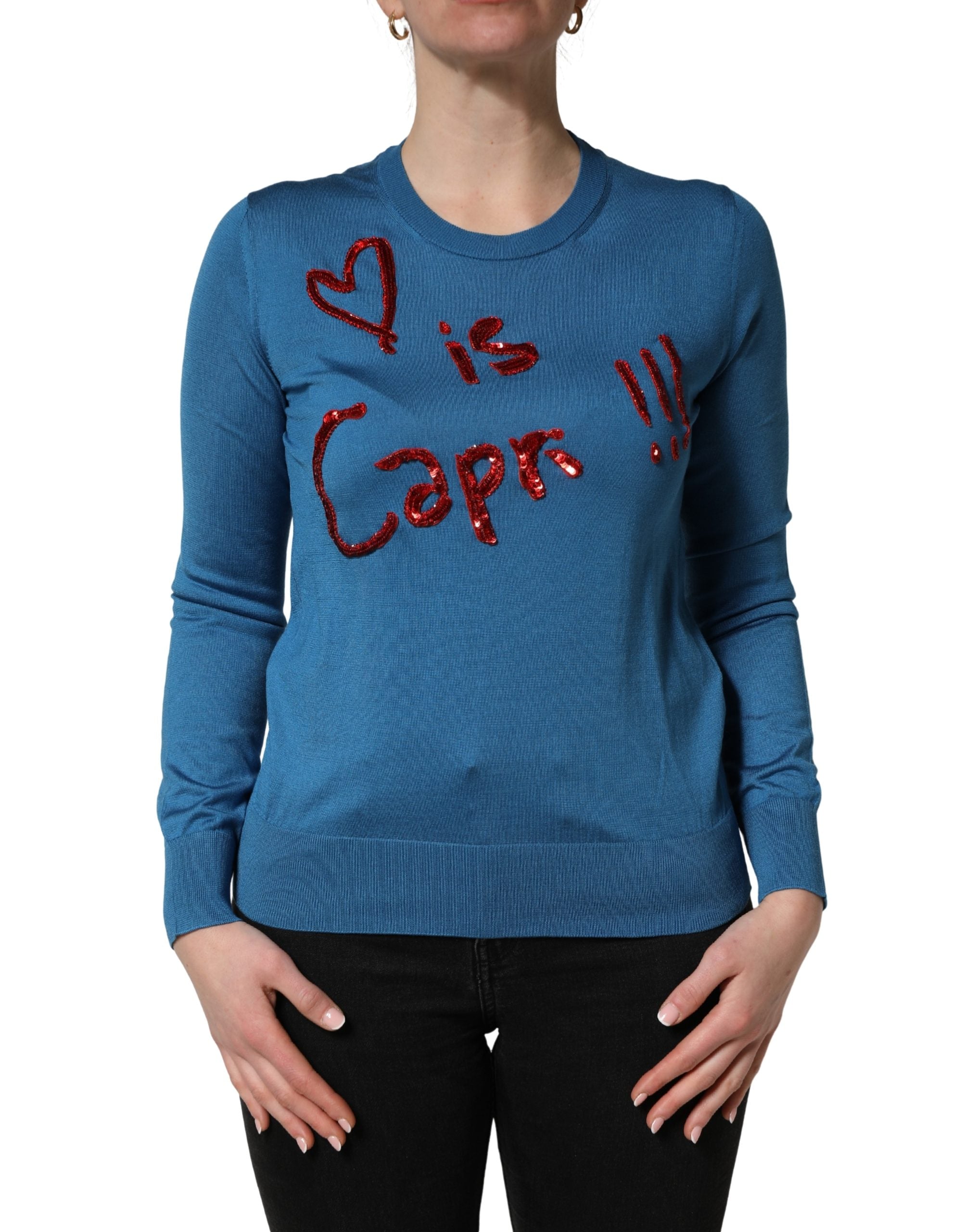 Blue Silk Sequined CrewNeck Pullover Sweater