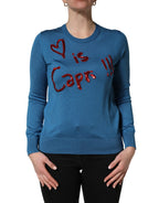 Blue Silk Sequined CrewNeck Pullover Sweater