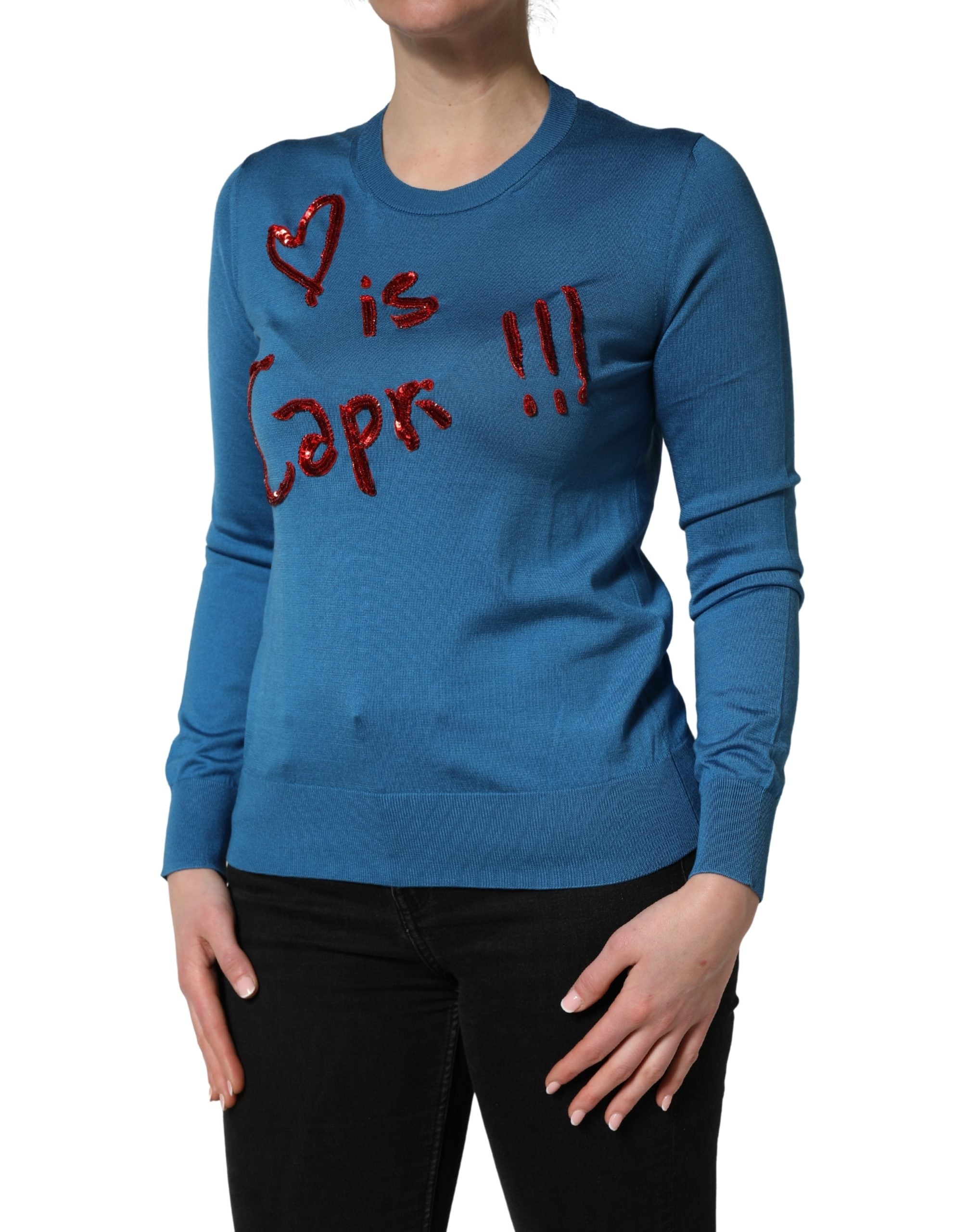 Blue Silk Sequined CrewNeck Pullover Sweater