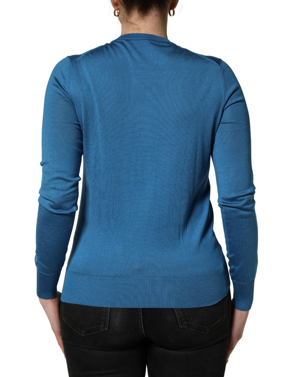 Blue Silk Sequined CrewNeck Pullover Sweater