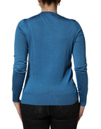 Blue Silk Sequined CrewNeck Pullover Sweater