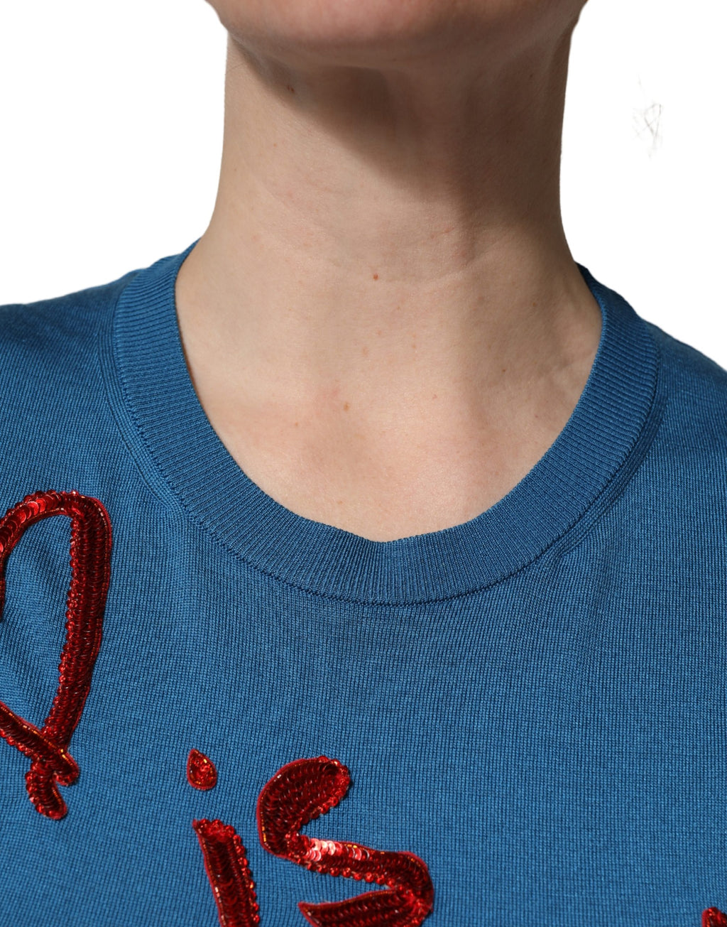 Blue Silk Sequined CrewNeck Pullover Sweater