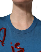 Blue Silk Sequined CrewNeck Pullover Sweater