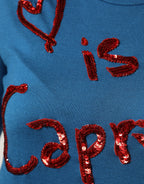 Blue Silk Sequined CrewNeck Pullover Sweater