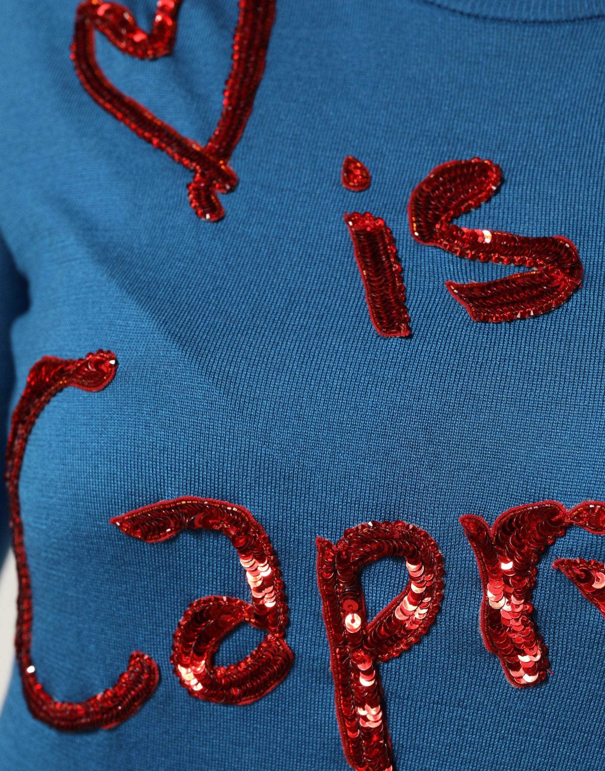 Blue Silk Sequined CrewNeck Pullover Sweater