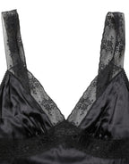 Black Silk Lace Trim Camisole V-neckline Tank Top