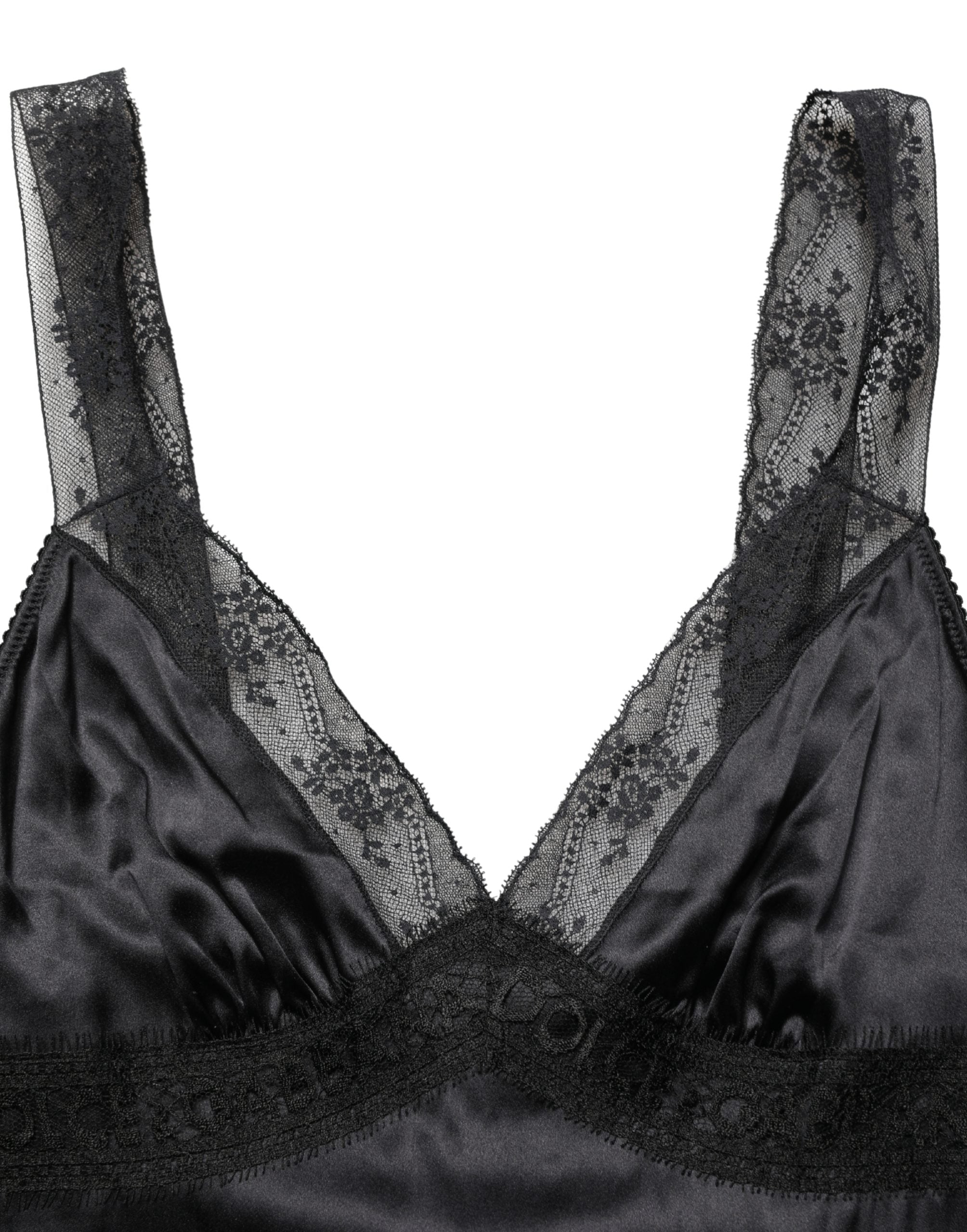 Black Silk Lace Trim Camisole V-neckline Tank Top
