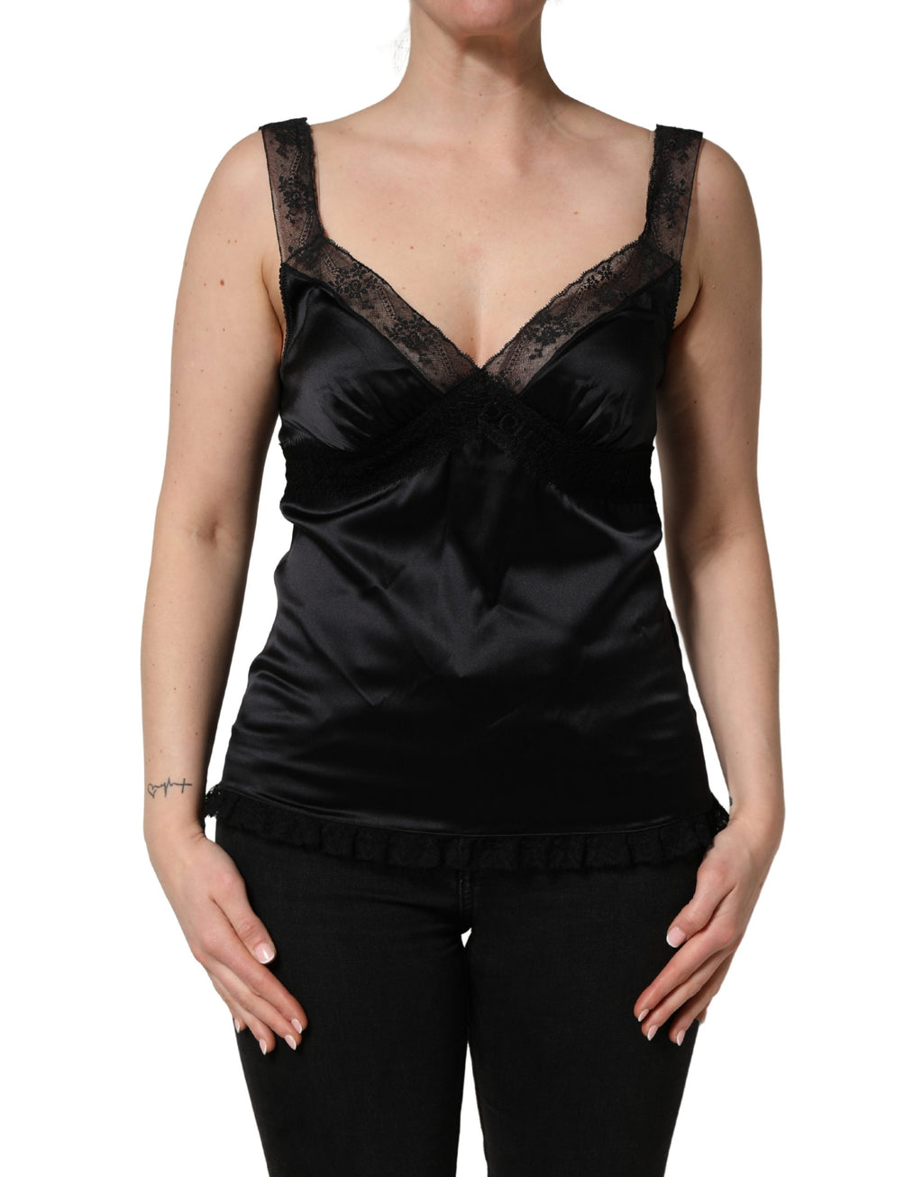 Black Silk Lace Trim Camisole V-neckline Tank Top
