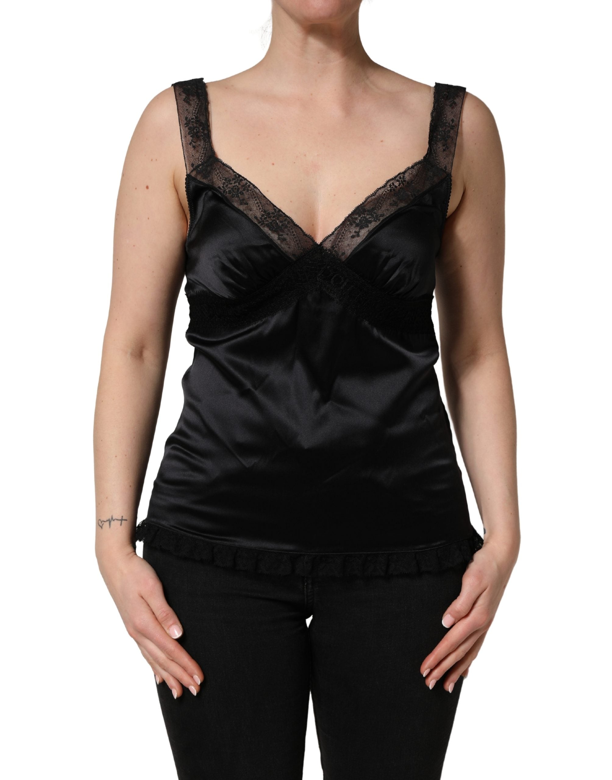 Black Silk Lace Trim Camisole V-neckline Tank Top