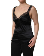 Black Silk Lace Trim Camisole V-neckline Tank Top