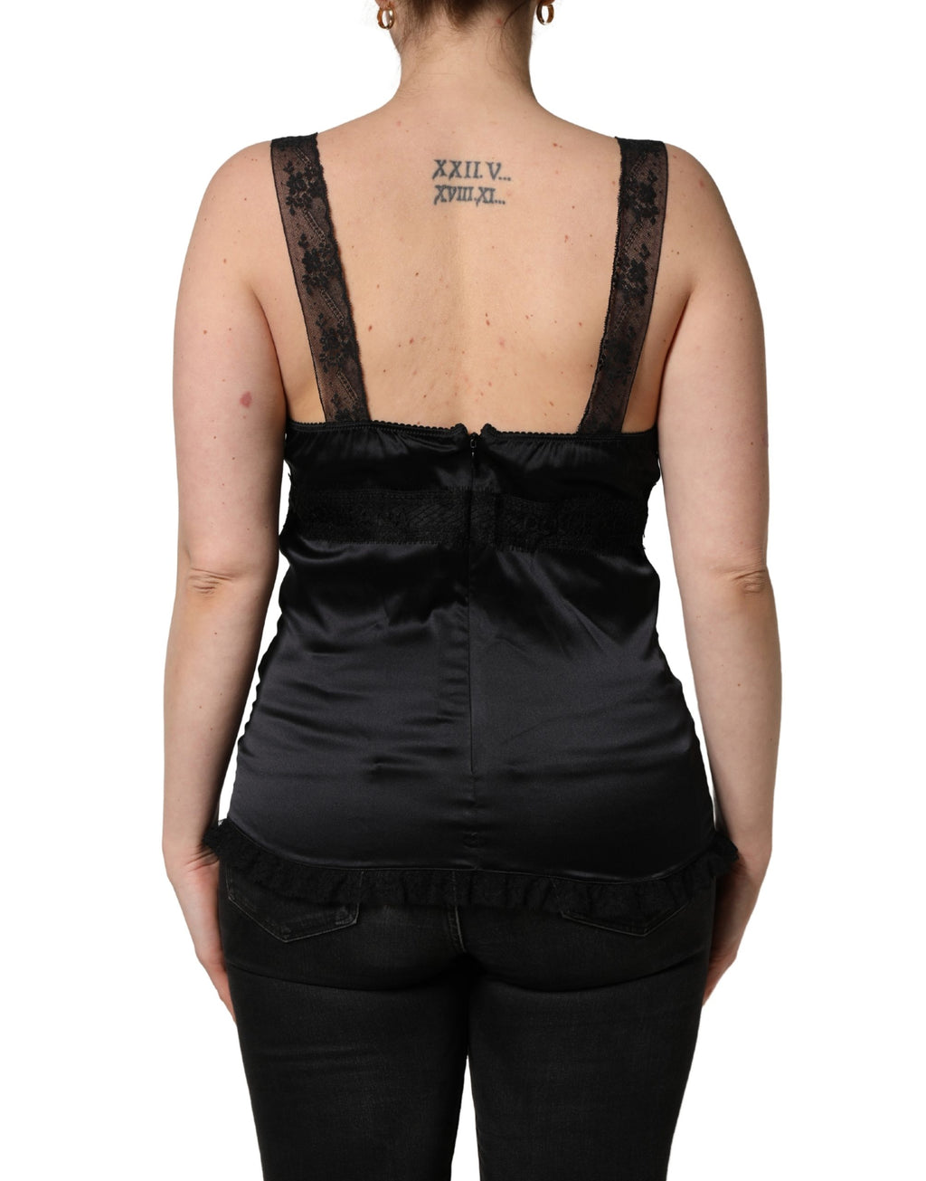 Black Silk Lace Trim Camisole V-neckline Tank Top