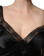 Black Silk Lace Trim Camisole V-neckline Tank Top