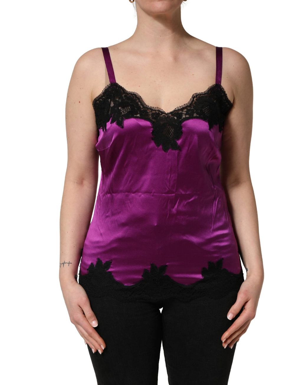 Purple Silk Lace Trim Camisole Sleeveless Tank Top