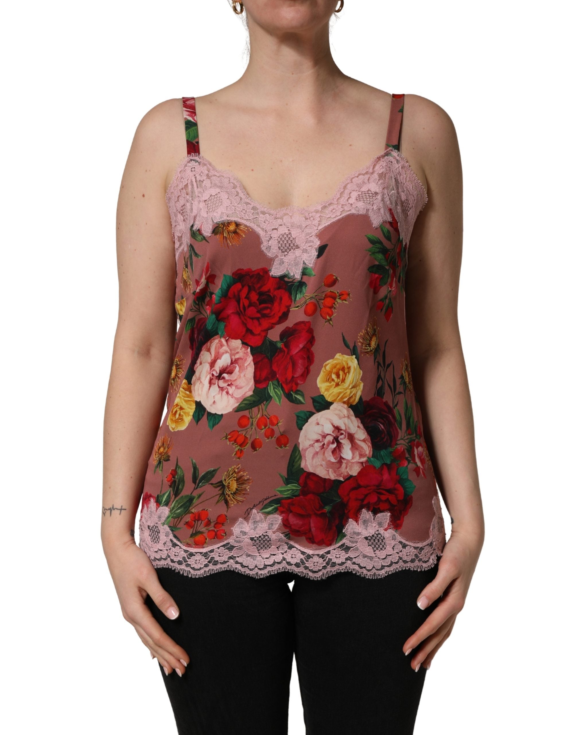 Brown Rose Print Satin Lace Camisole Tank Top