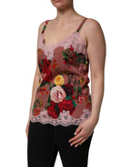 Brown Rose Print Satin Lace Camisole Tank Top