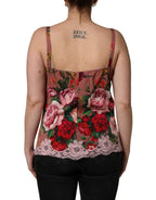 Brown Rose Print Satin Lace Camisole Tank Top