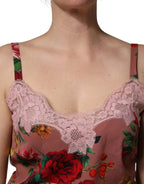 Brown Rose Print Satin Lace Camisole Tank Top