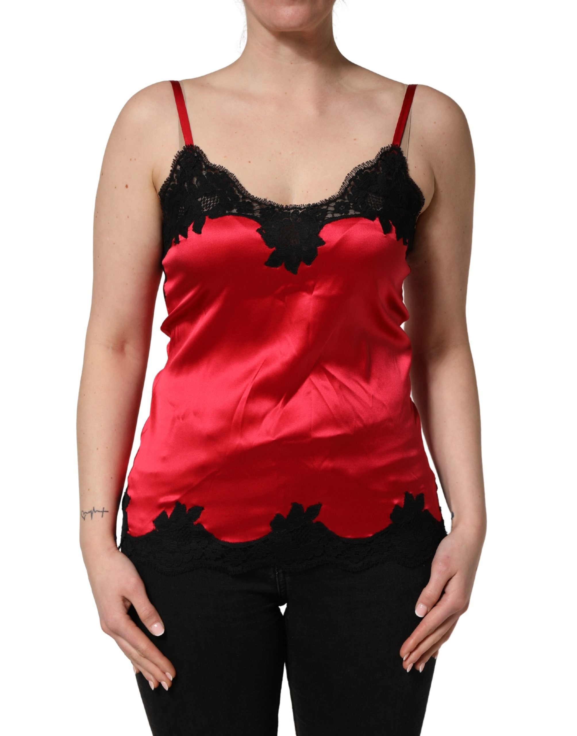 Red Silk Lace Trim Camisole Sleeveless Tank Top