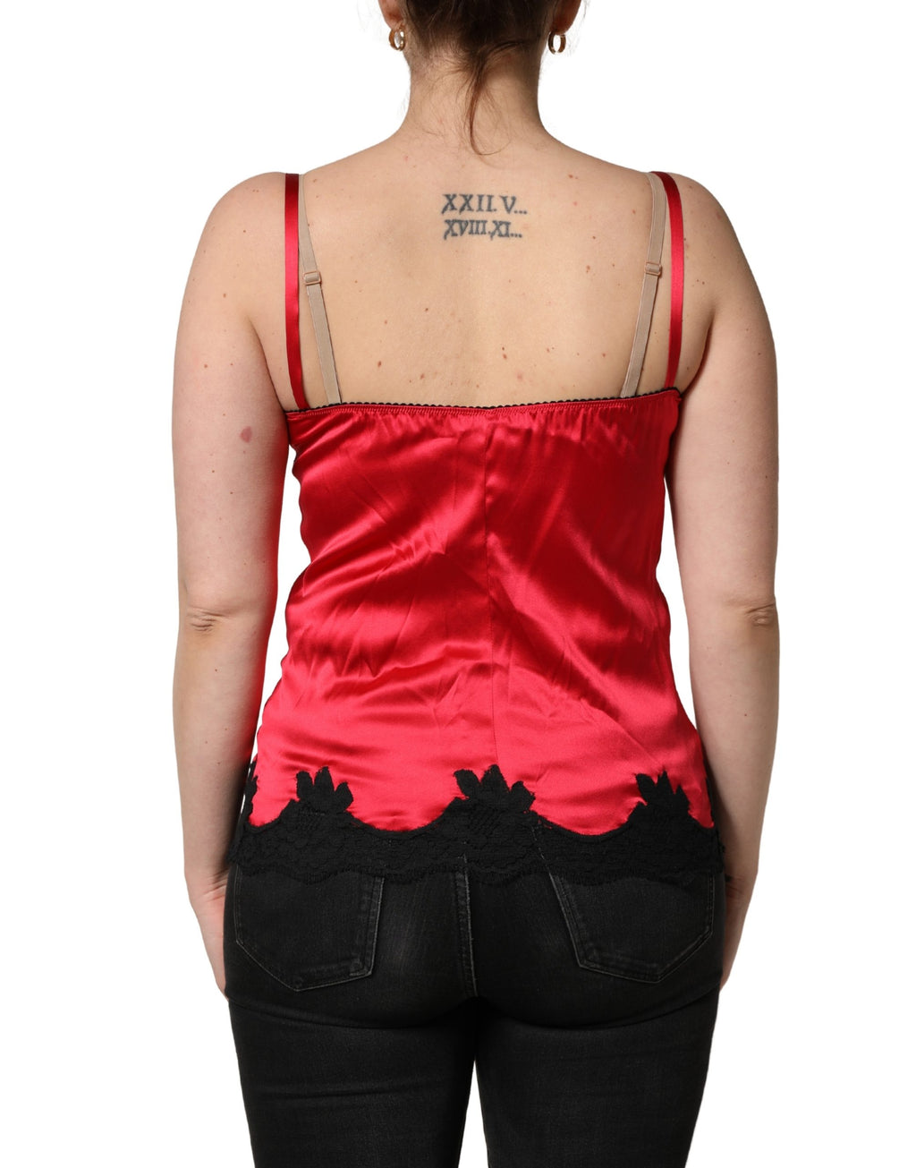 Red Silk Lace Trim Camisole Sleeveless Tank Top