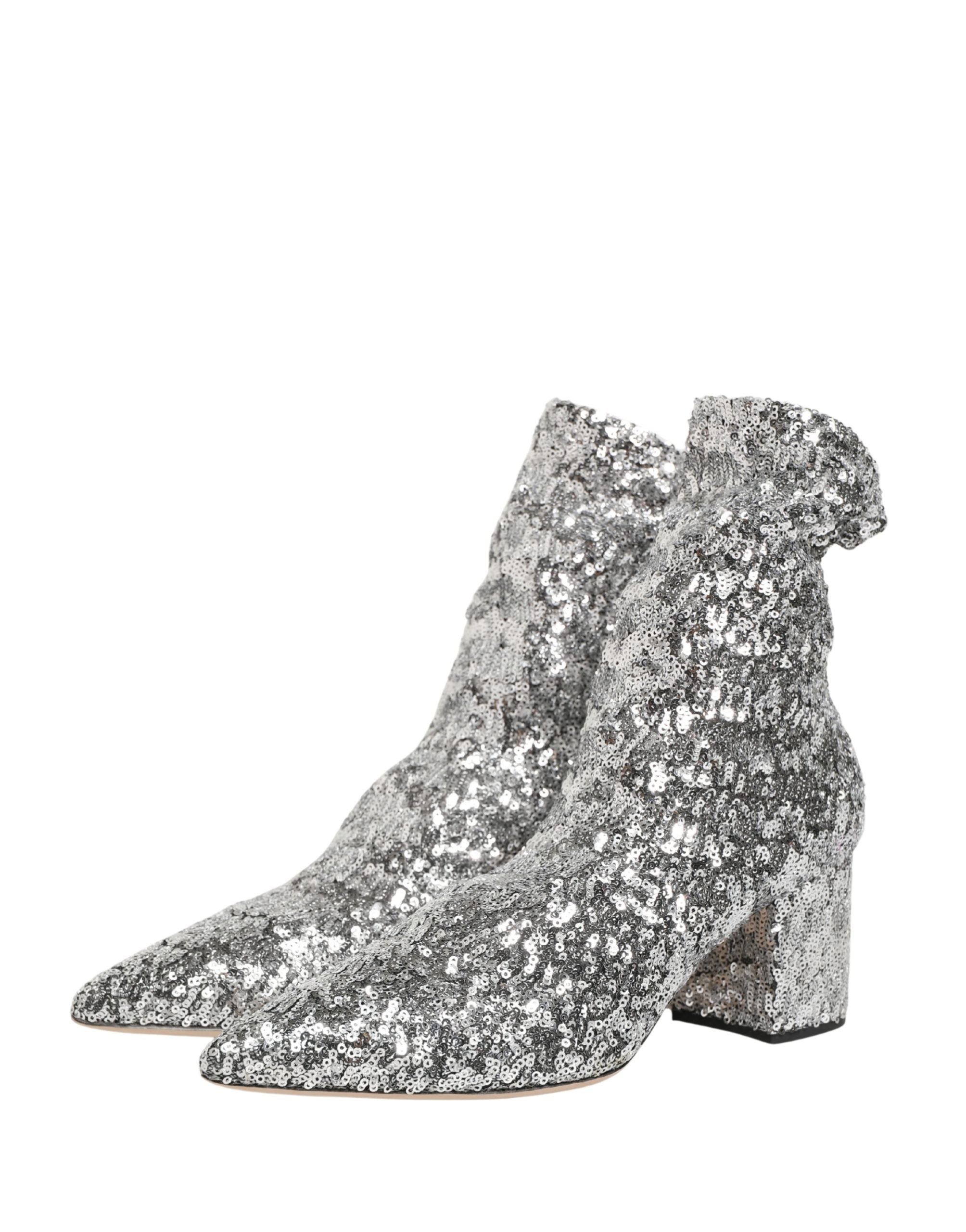 Silver Sequined Short Boots Stretch Shoes