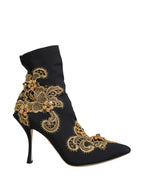 Black Gold Embroidery Crystal Boots Shoes