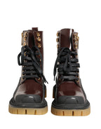 Maroon Leather Lace Up Biker Boots Shoes