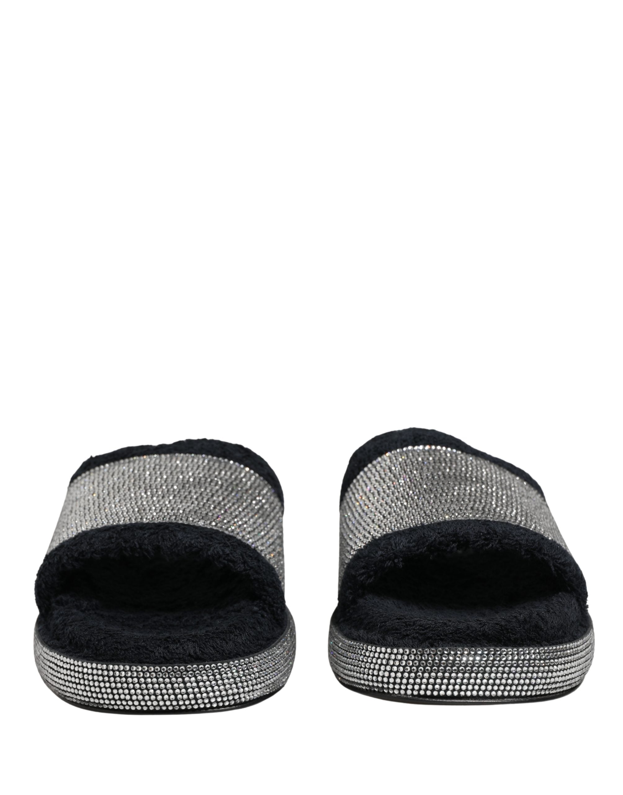 Black Crystal Embellished Platform Slides Shoes