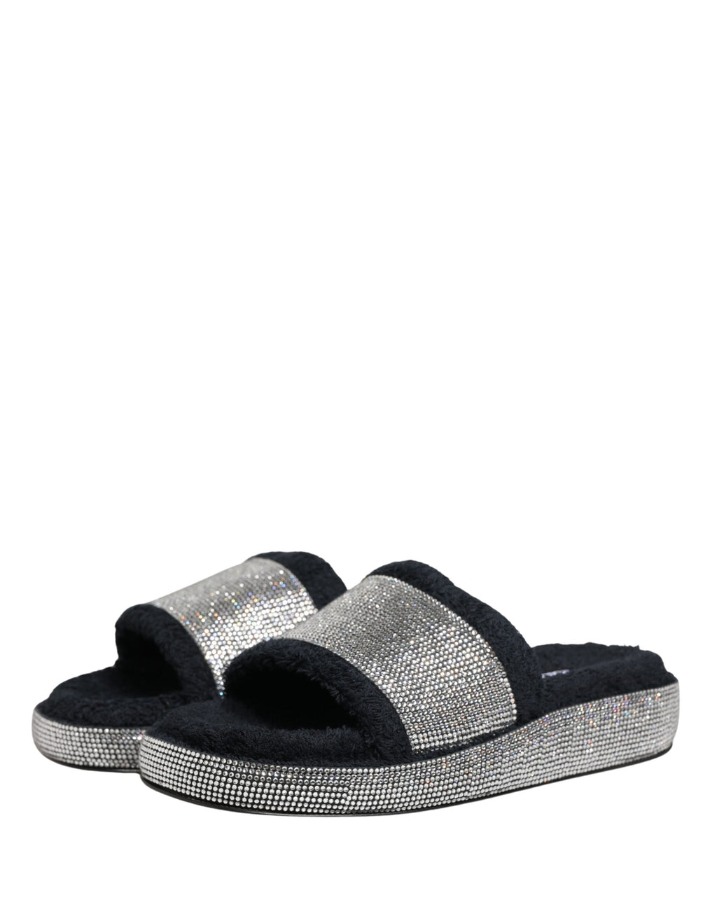 Black Crystal Embellished Platform Slides Shoes