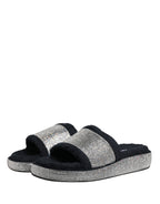 Black Crystal Embellished Platform Slides Shoes