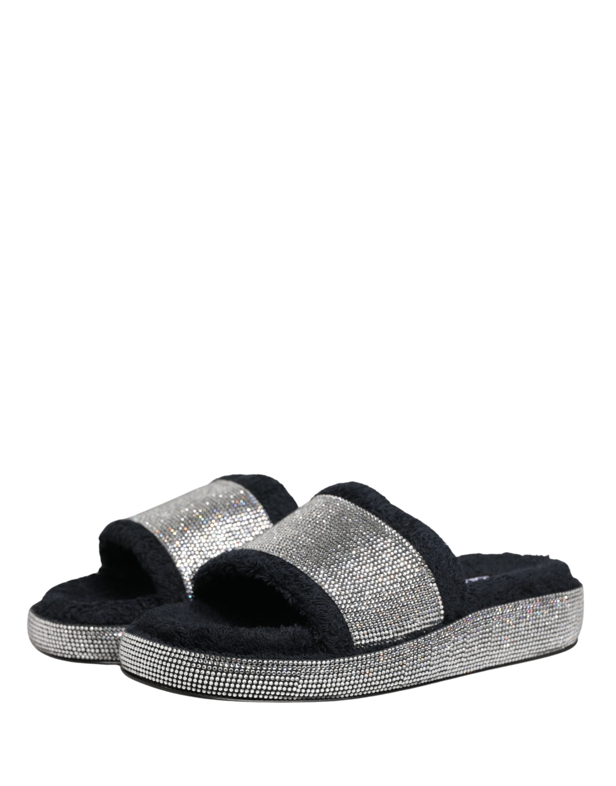 Black Crystal Embellished Platform Slides Shoes