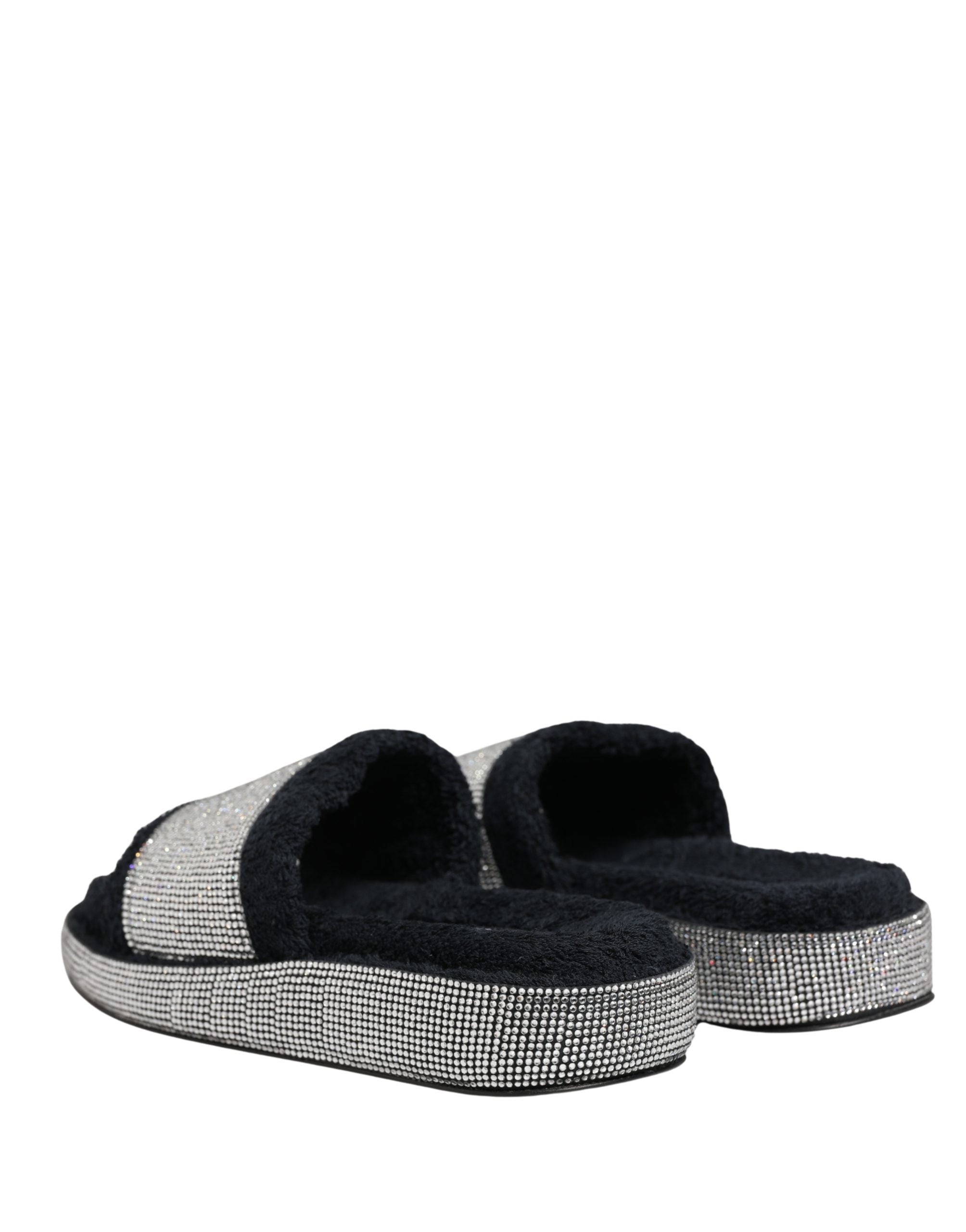 Black Crystal Embellished Platform Slides Shoes