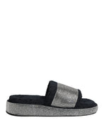 Black Crystal Embellished Platform Slides Shoes