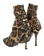 Gold Leopard Sequin Sock Ankle Boots Shoes