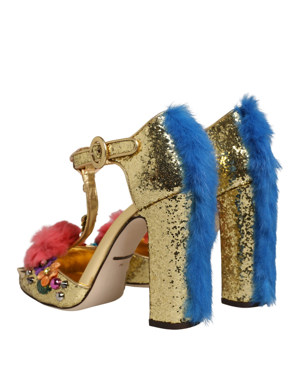 Gold Fur Trim Glitter T-strap Sandals Shoes