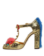 Gold Fur Trim Glitter T-strap Sandals Shoes
