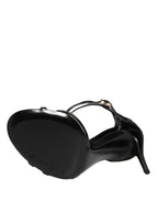 Black Leather Stiletto Heel Sandals Shoes